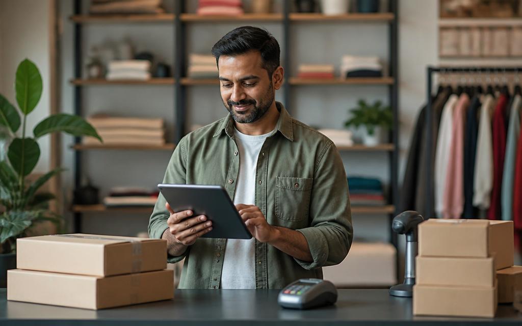 Merchant managing shipments on a tablet