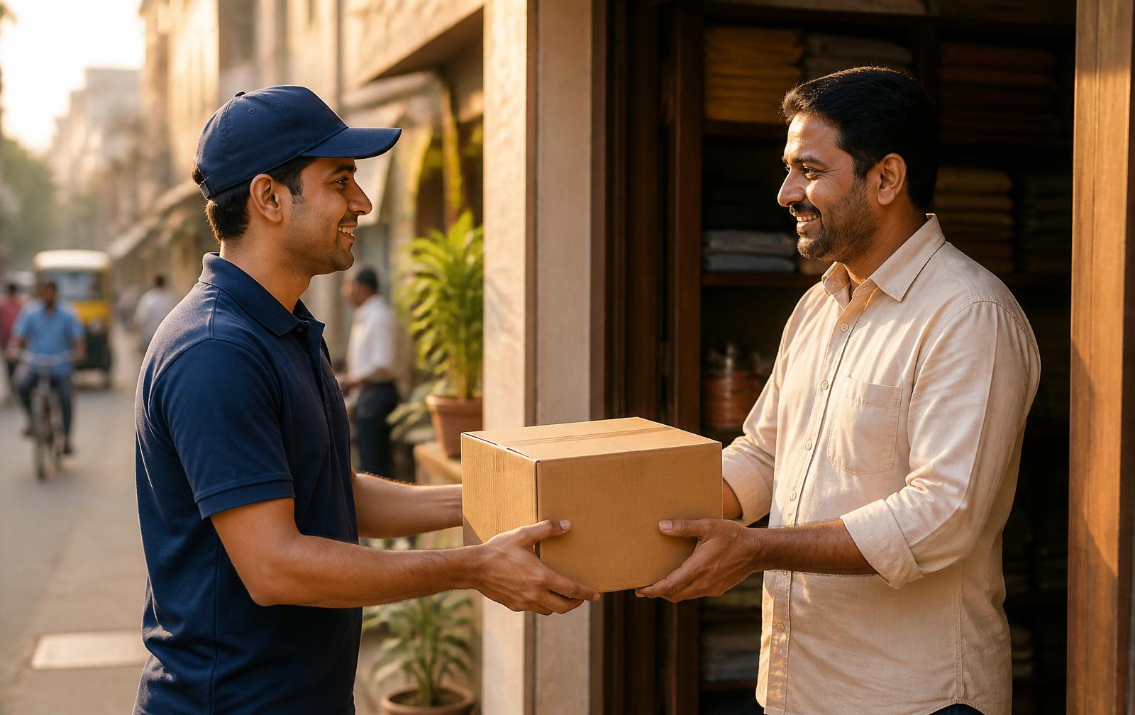 Courier handing a parcel to a small business owner at their shop in India