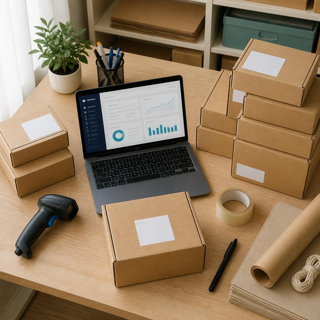 A shipping workspace with parcels, labels, and a laptop showing a logistics dashboard